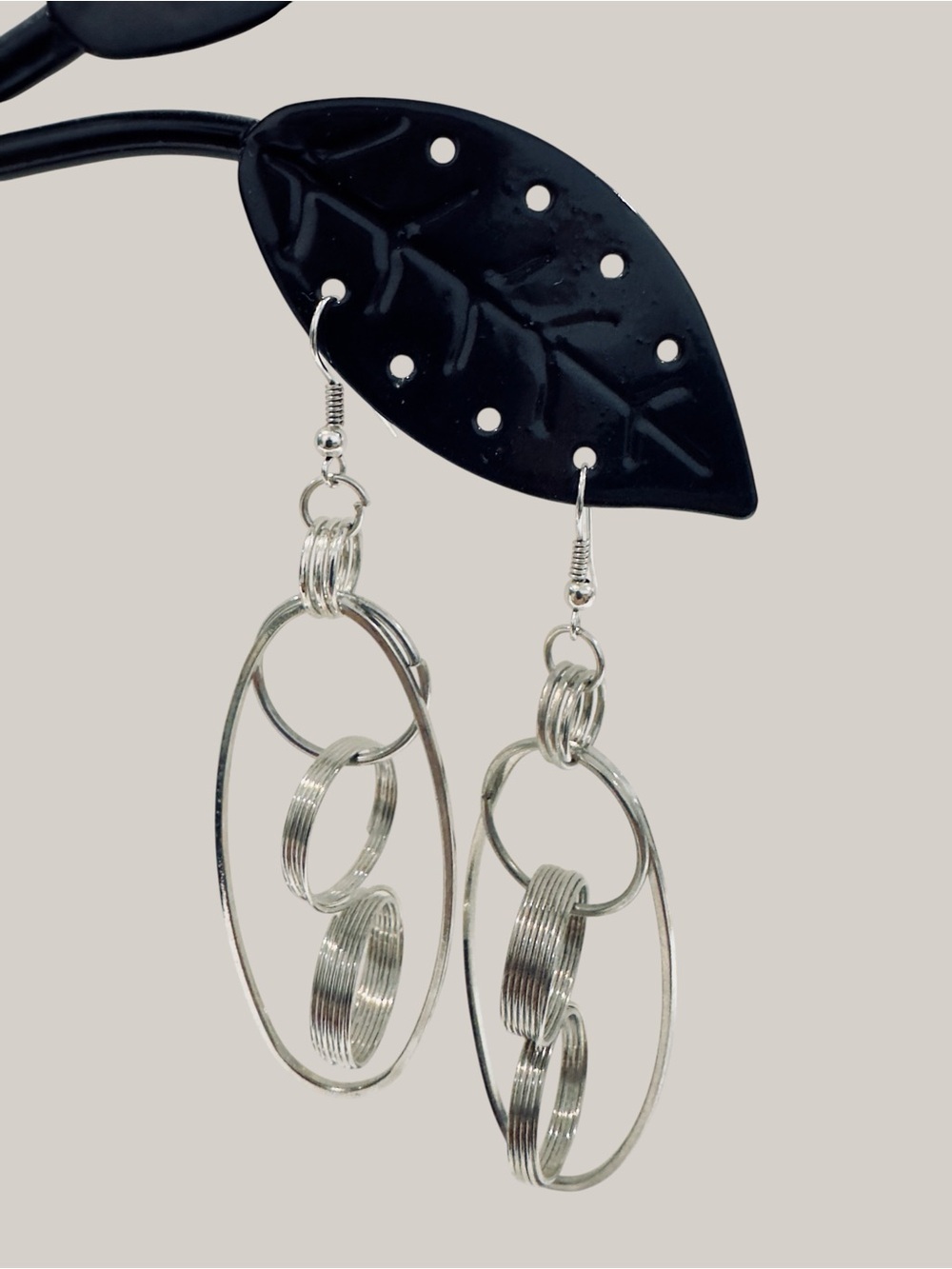 Silver Tone Abstract Oval & Circle Dangle Earrings | Modern Geometric Statement